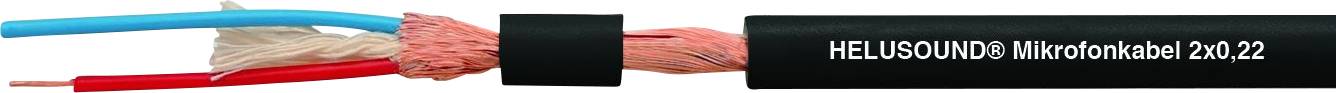 'HeluSound Mikrofonkabel 2x0.22', Bild eines offenen Kabels mit blauem und rotem Innenleiter, zeigt Kabelstruktur und Bezeichnung.