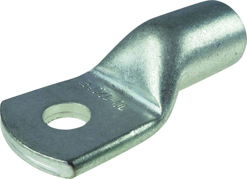 Metallischer Kabelschuh mit Loch zur Befestigung; dient zum Verbinden elektrischer Kabel mit Anschlussklemmen.
