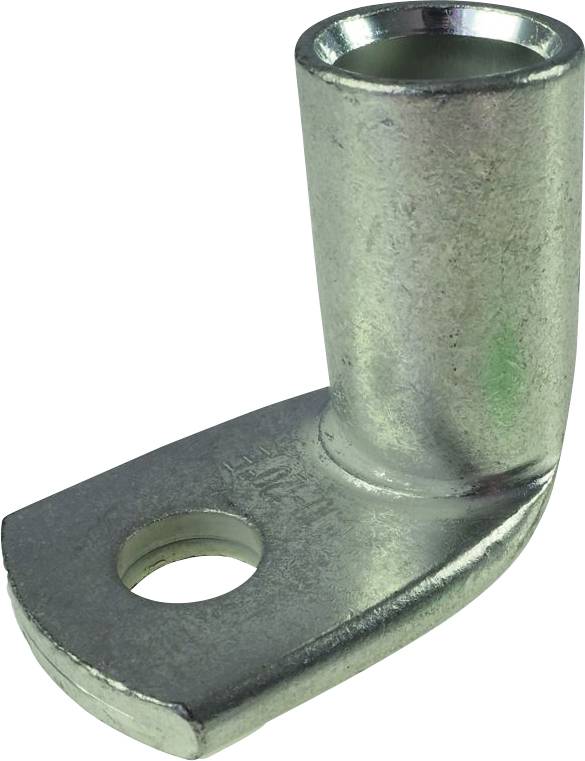 Ein Metall-Flachstecker mit zylindrischem Ende und Loch zur Befestigung an Kabeln oder Geräten, häufig für elektrische Verbindungen.