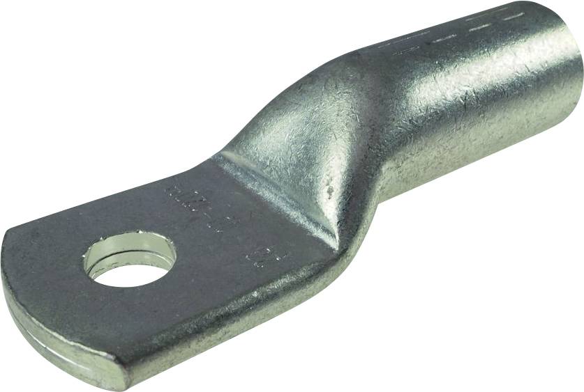 Ein metallischer Kabelschuh in Nahaufnahme, zylindrisch, mit abgeflachtem Ende und einem Loch zur Befestigung an elektrischen Anschlüssen.