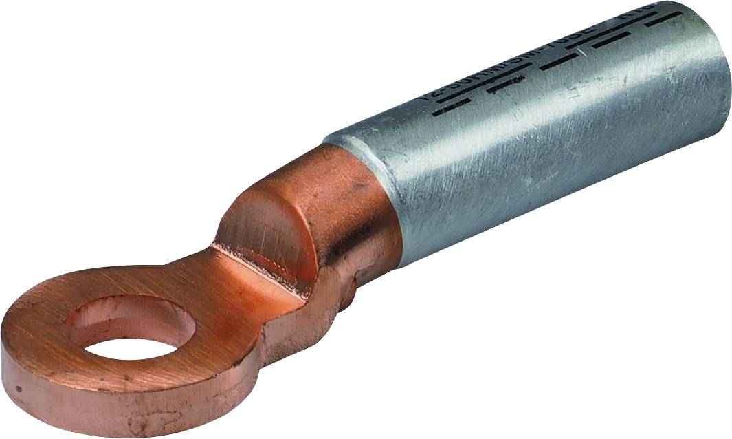 Kupferkabelschuh mit Loch, verwendet zum Verbinden elektrischer Kabel durch Befestigung an Schrauben oder Bolzen.