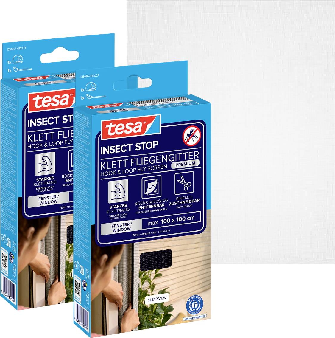 Zwei tesa Insect Stop Fliegengitter-Pakete auf weißem Hintergrund dargestellt, die Fenster-Klettverschluss-Fliegengitter-Verpackungen in Blau und Dunkelblau zeigen.
