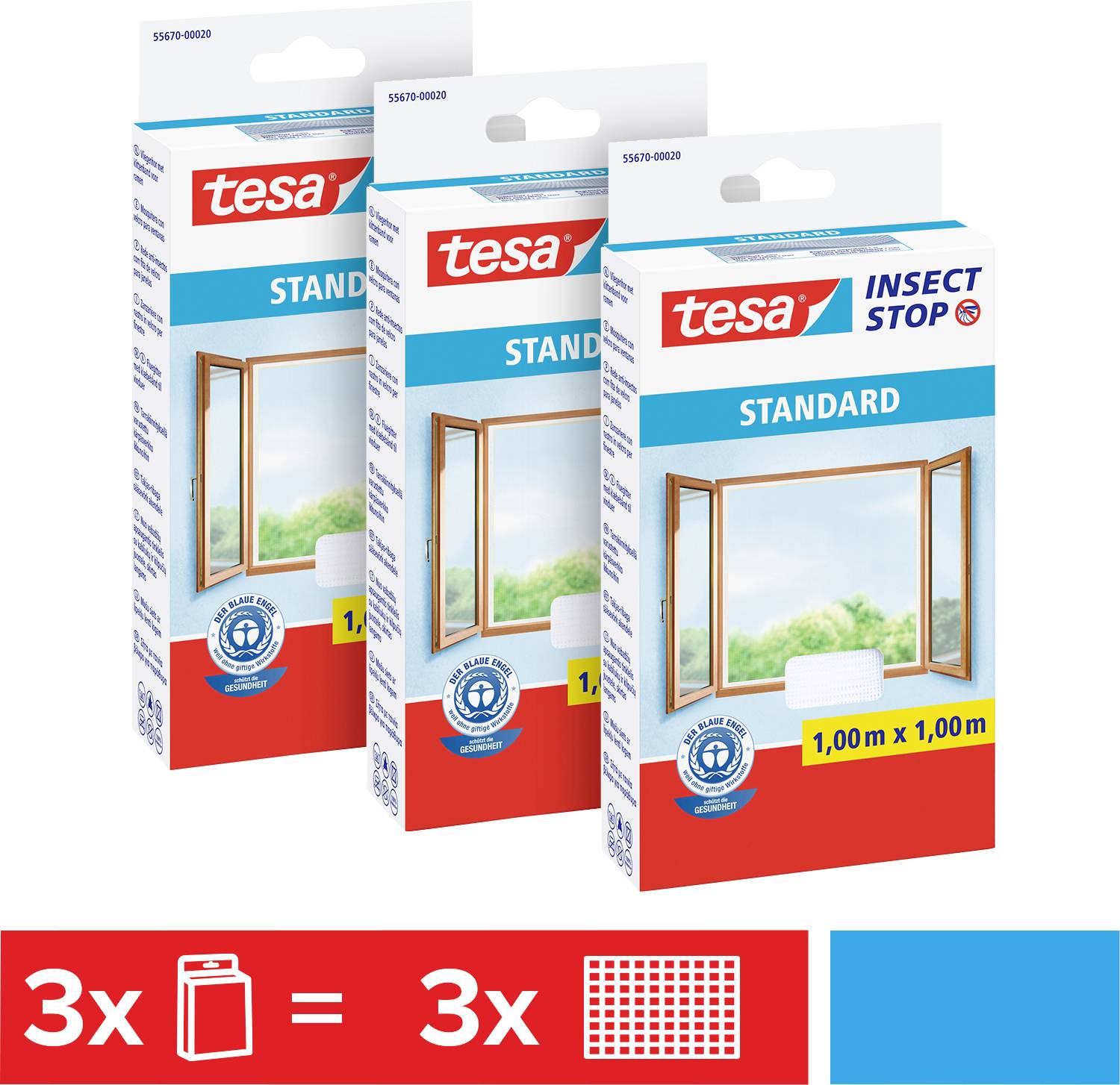 Drei Packungen Tesa Insect Stop Standard Fliegengitter, jedes 1x1 Meter, abgebildet mit einem offenen Fenster und Piktogrammen.