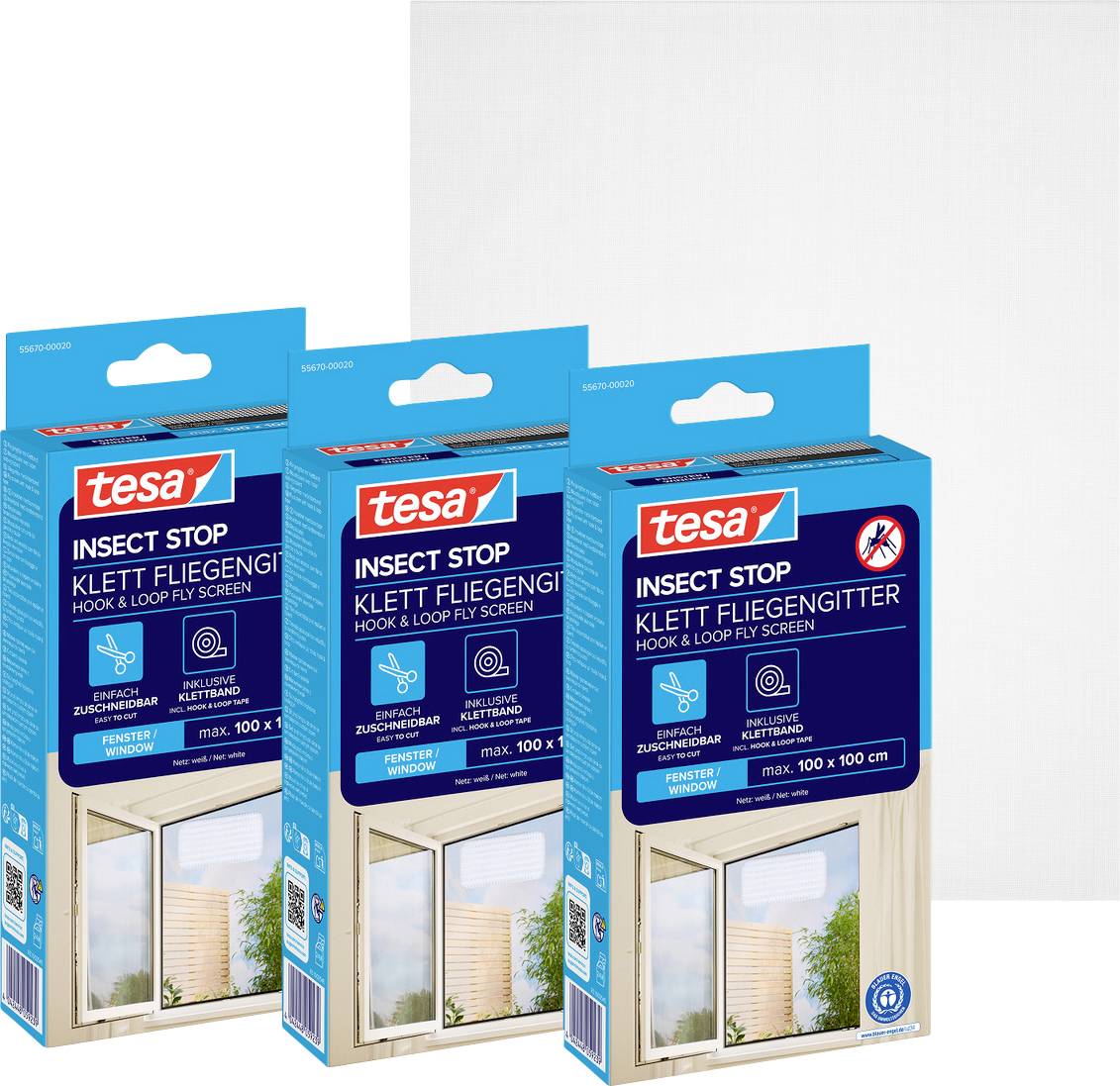 Drei blaue tesa Insect Stop Klettband-Fliegengitter-Pakete, die Fensterscreen-Kits zum Insektenschutz zeigen.