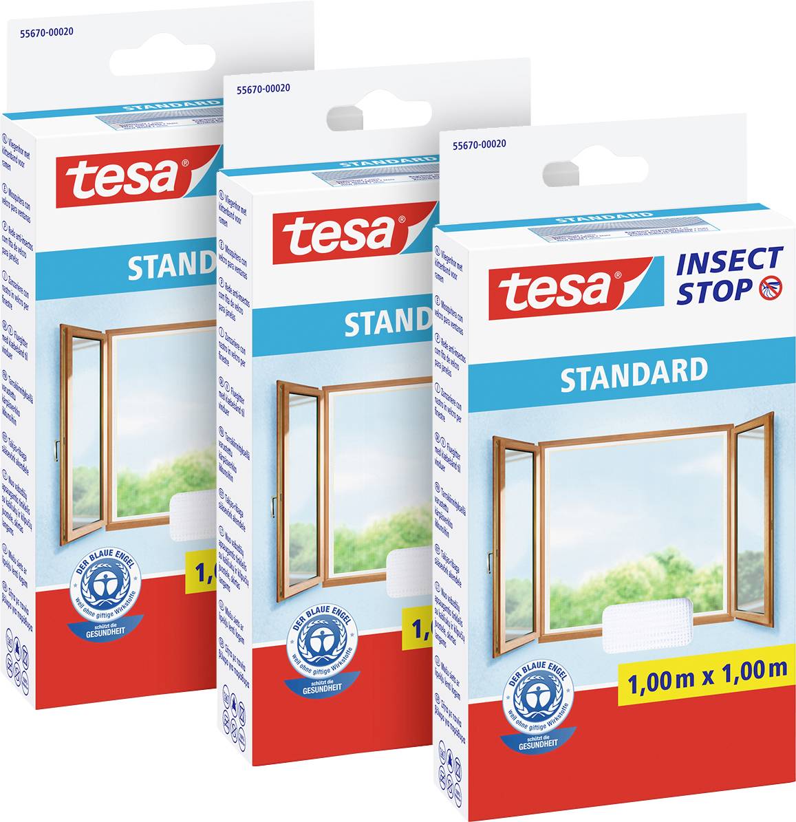 Drei Packungen Tesa Insect Stop Standard-Fliegengitter, abgebildet mit Fensteransicht, Größe 1,00 m x 1,00 m. Verpackung zeigt ein geöffnetes Fenster mit Blick ins Freie.