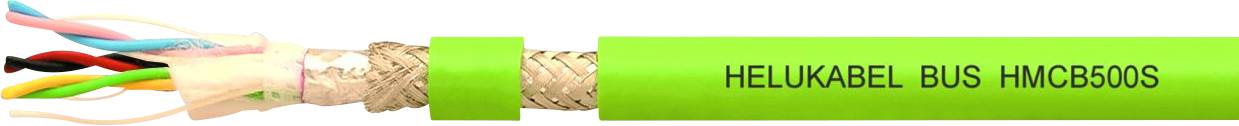 Querschnitt eines mehradrigen, geschirmten Kabels mit grüner Isolierung, auf dem 'HELUKABEL BUS HMCB500S' steht.