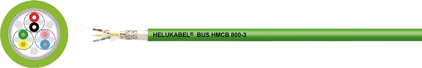 Querschnitt eines grünen Buskabels mit sichtbaren isolierten Leitungen, beschriftet mit 'HELU KABEL® BUS M(H)C9 800-3'.