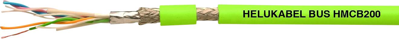 Grünes Kabel mit Beschriftung 'HELUKABEL BUS HMCB200', zeigt entblößte, geflochtene Drähte am linken Ende.