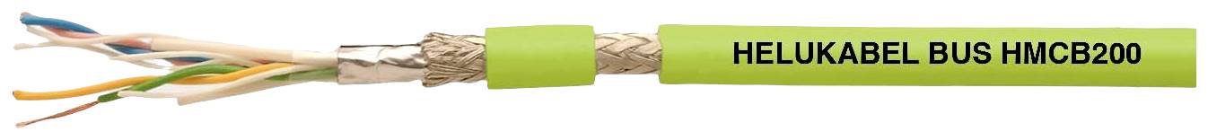 Ein grünes Kabel mit der Aufschrift 'HELUKABEL BUS HMCB200', zeigt einen Abschnitt mit freigelegten, bunten Drähten.