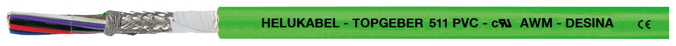 Grünes Kabel mit der Aufschrift 'HELUKABEL TOPGEBER 511 PVC 6X0,34 MM² DESINA'. Metalldraht auf der linken Seite sichtbar.