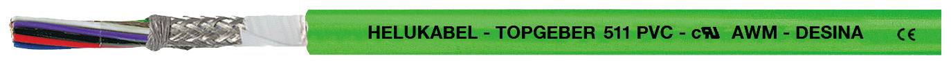 Grünes Kabel mit mehreren farbigen Adern, markiert mit 'HELU­KABEL', Typ 'TOPSERV 511 PVC-C', CE-Kennzeichnung.
