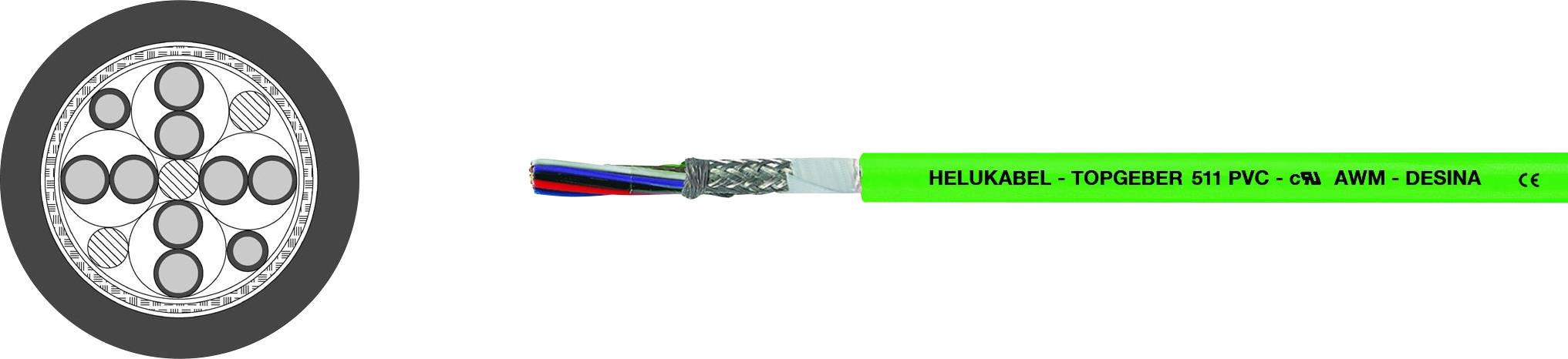 Querschnitt und Außenseite eines grünen Multikabels mit Aufdruck 'HELU KABEL - TOPCABLE 511 PVC - J5X AWM - DESINA CE'.