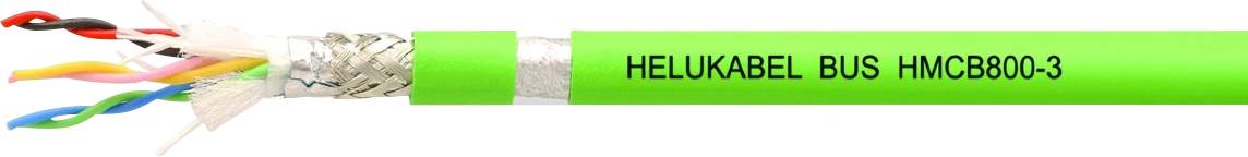 Grünes Kabel mit Beschriftung 'HELUKABEL BUS HMC8000-3', sichtbar sind farbige, verdrillte Innenleitungen und Abschirmung.