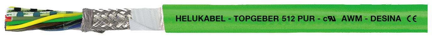 Ein grünes, mehradriges Kabel mit der Aufschrift 'HELUKABEL - TOPGEBER 512-PUR - 6x AWG - DESINA CE', zeigt Abschirmung und bunte Drähte.