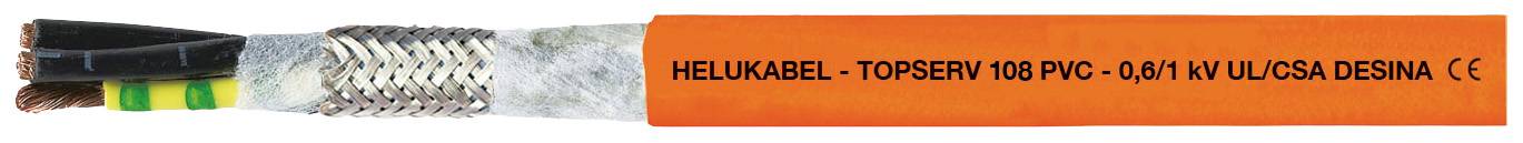Orange Helukabel mit Beschriftung 'TOPSERV 100 PVC - 0,6/1 kV UL/CSA DESINA CE'. Kabel zeigt metallische und bunte Drähte.
