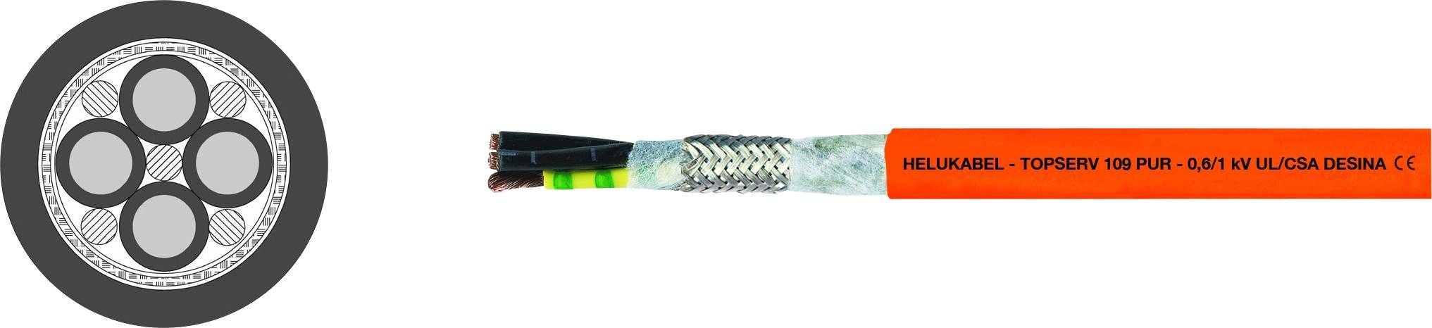 'Helukabel - TOPSERV 100 PUR' Kabel mit gezeigtem Querschnitt. Kabelmantel in leuchtendem Orange, mit mehreren Adern im Inneren.