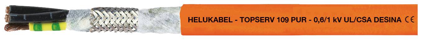 Ein Kabel mit orangefarbener Ummantelung, Beschriftung 'HELUKABEL TOPSERV 100 PUR - 0,6/1 Kv UL/CSA DESINA CE', mit Metallgeflecht und bunten Drähten.