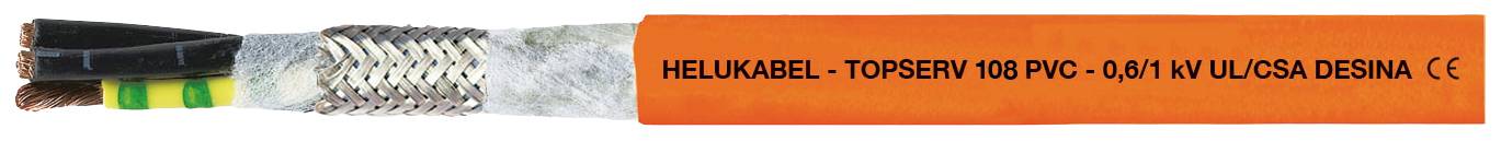 Ein orangefarbenes Kabel mit schwarzem, grauem und gelb-grünem Innenleiter, beschriftet mit 'HELU-KABEL - TOPSERV 100 PVC'.