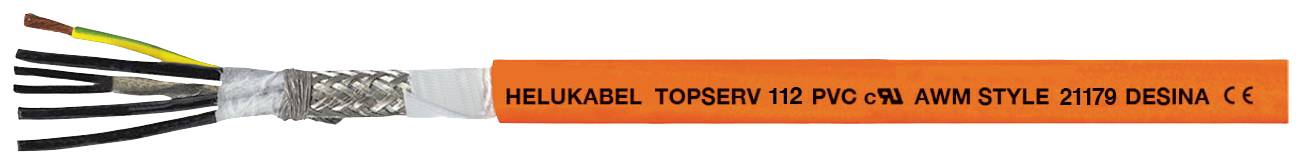 Ein orangefarbenes Kabel von Helukabel mit Aufschrift 'TOPSERV 112 PVC-08 AWM STYLE 21179 DESINA CE', offene Enden mit Drähten sichtbar.