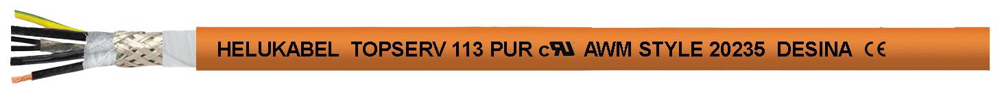 Ein orangefarbenes Kabel mit der Aufschrift 'HELUKABEL TOPSERV 113 PUR-OD AWM STYLE 20236 DESINA CE'.