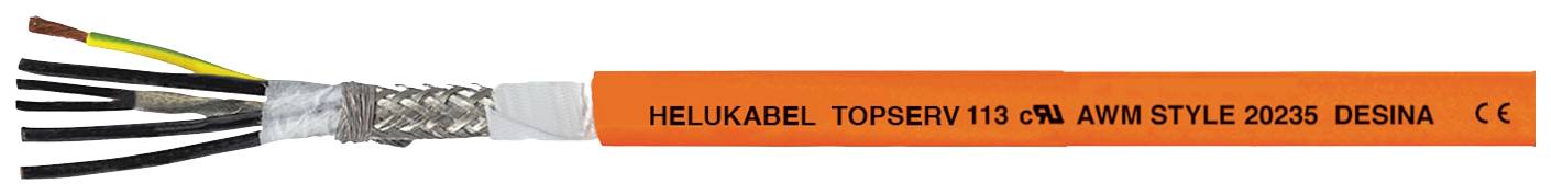 Ein orangefarbenes Kabel mit der Beschriftung 'HELUKABEL TOPSERV 113 C' zeigt freiliegende Drähte am linken Ende.
