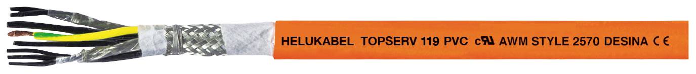 Orangenes Helukabel mit Beschriftung 'HELUKABEL TOPSERV 110 PVC-ÖL AWG STYLE 2570 DESINA CE'; zeigt Kabelaufbau und Kabelbeschriftung.