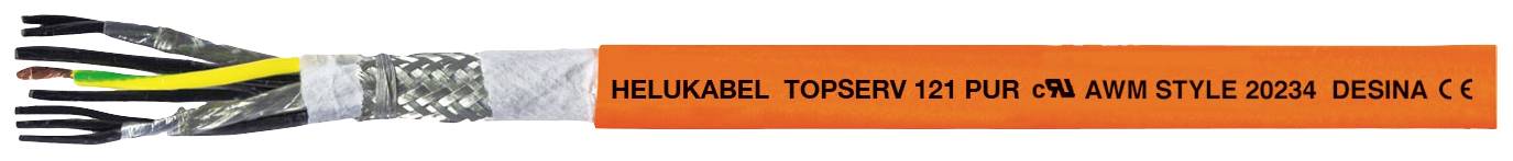 Ein orangefarbenes Kabel mit der Aufschrift 'HELUKABEL TOPSERV 121 PUR-OR AWM STYLE 20234 DESINA CE', zeigt freiliegende Kabeladern.