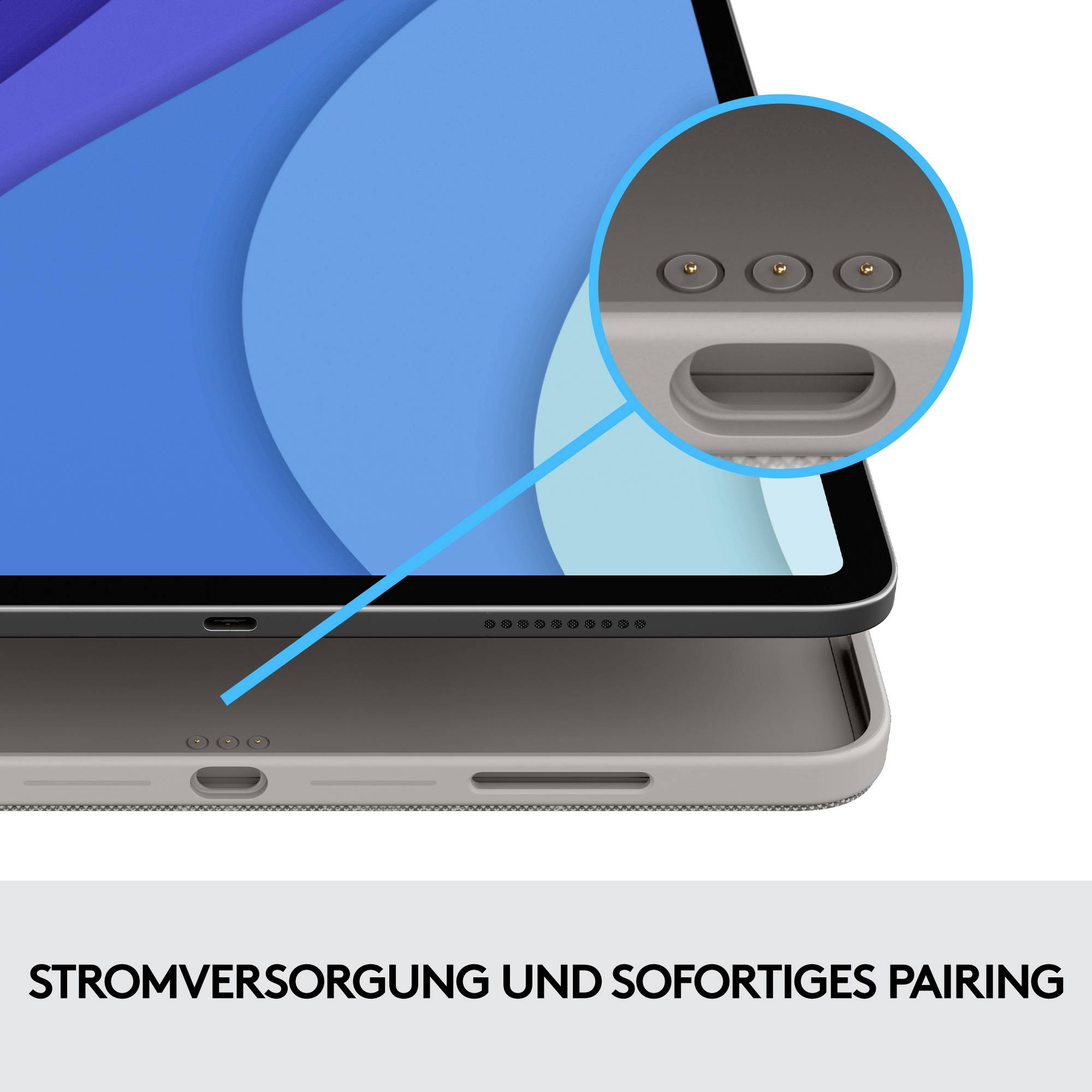 Tablet mit Fokus auf die Anschlussstellen an der Unterseite. Text darunter: 'Stromversorgung und sofortiges Pairing'.