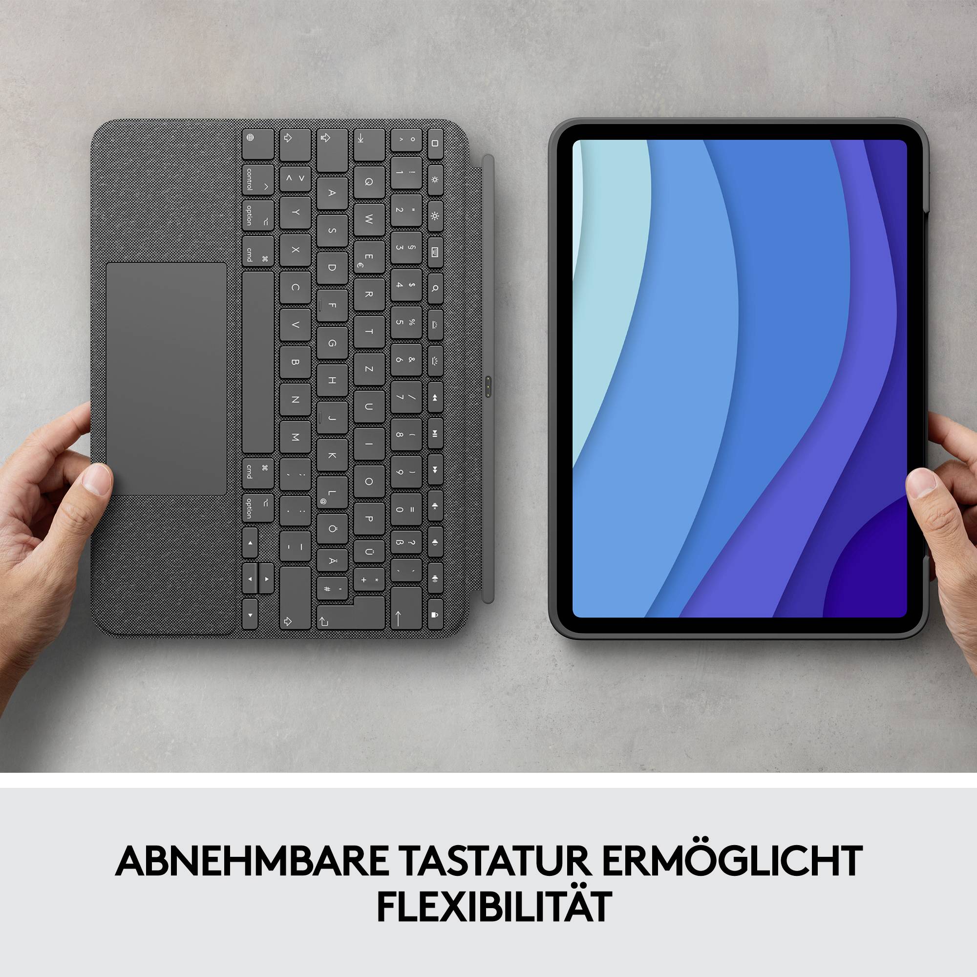 Tablet mit abnehmbarer Tastatur; beide von Händen gehalten. Geschwungene blaue Grafik auf dem Bildschirm. Text unten: Abnehmbare Tastatur ermöglicht Flexibilität.