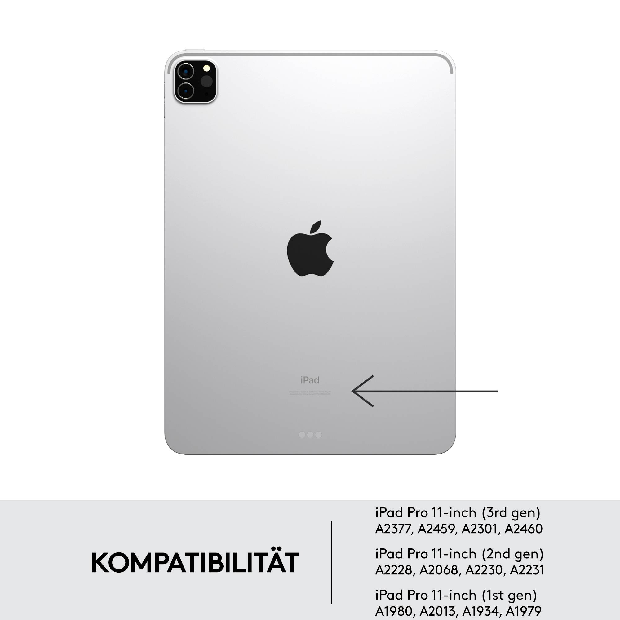 Ein iPad mit einem Pfeil, der auf den Anschluss auf der Rückseite zeigt. Unten steht 'Kompatibilität' mit einer Liste unterstützter Modelle.