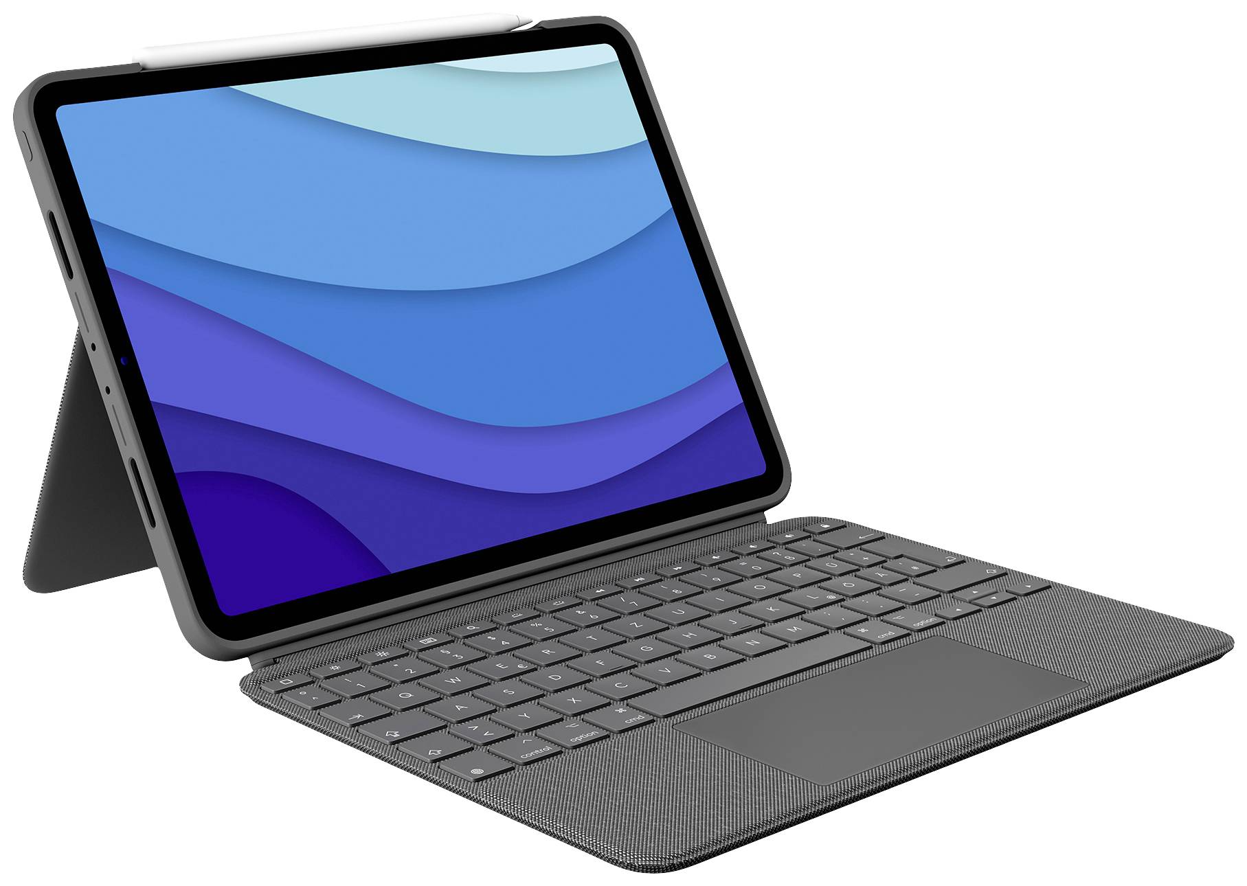 Tablet mit angedockter Tastatur; Bildschirm zeigt blaue Wellenmuster. Gerät steht aufrecht, Tastatur flach davor. Ideal für mobiles Arbeiten.