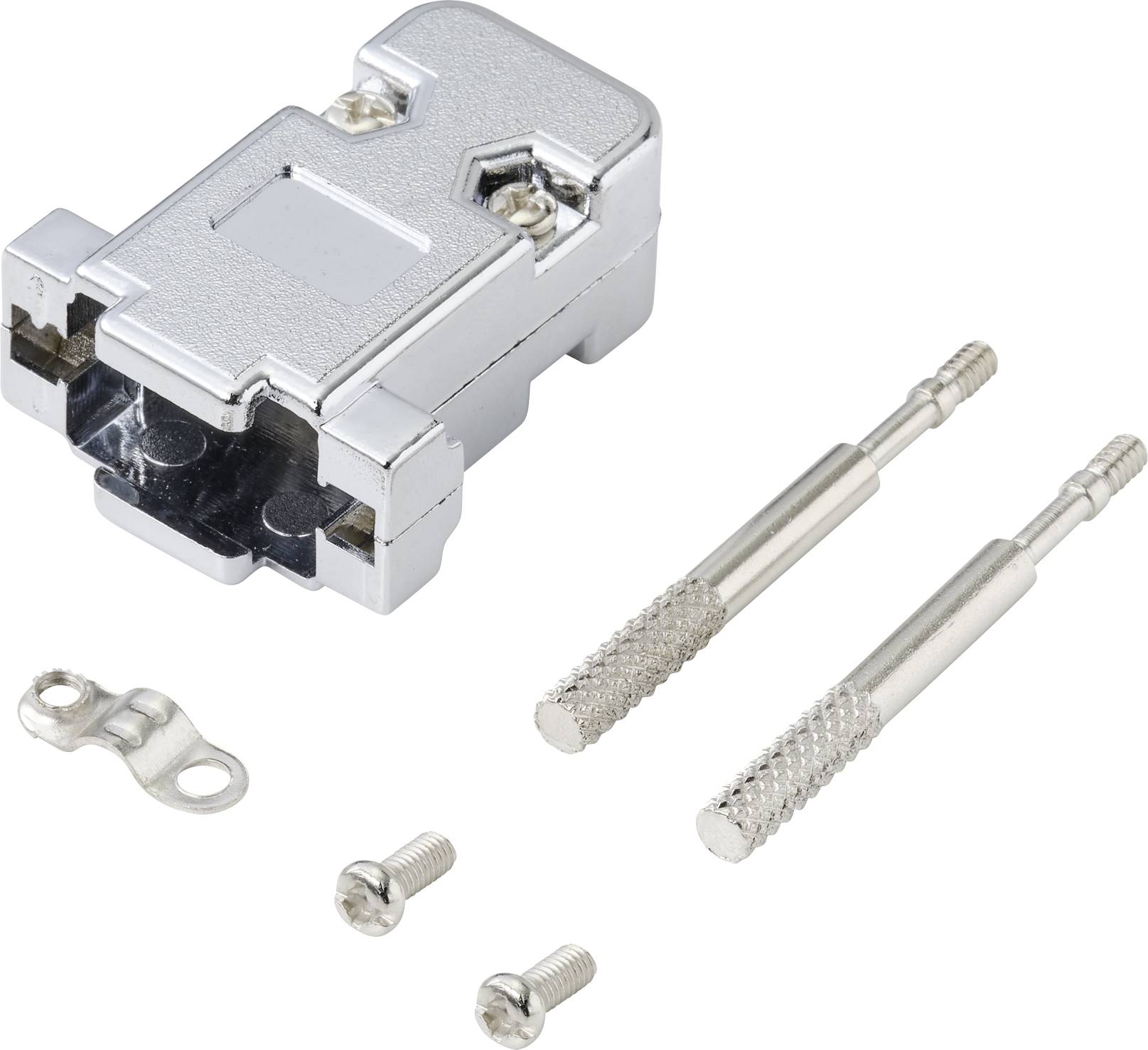 Bausatz für ein D-Sub-Steckergehäuse aus Metall mit Schrauben und Bauteilen. Geeignet für DIY-Elektronikprojekte.