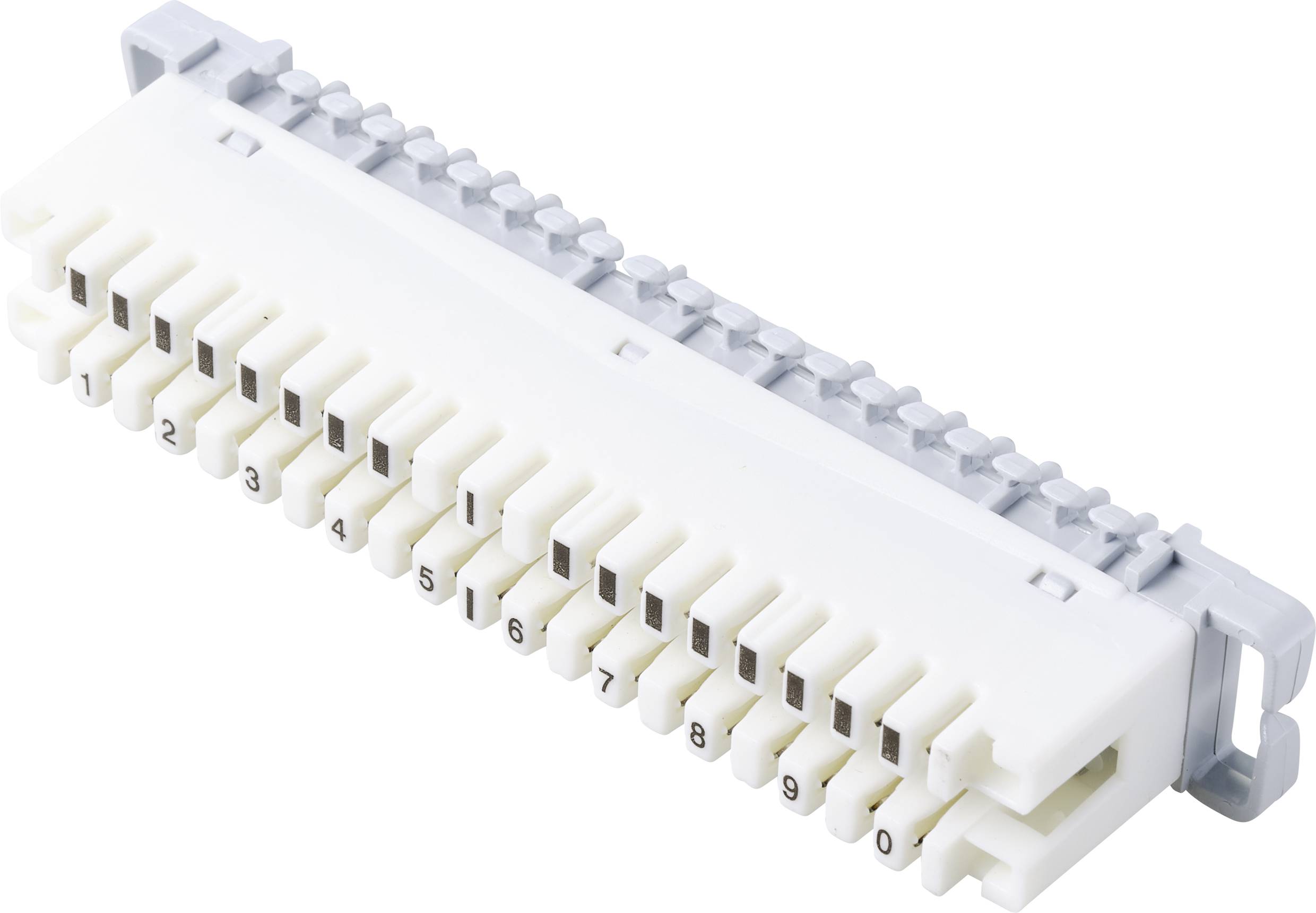 Kunststoffstecker mit nummerierten Anschlüssen von 1 bis 10, in zwei Reihen. Dient zur Verbindung elektrischer Leitungen.