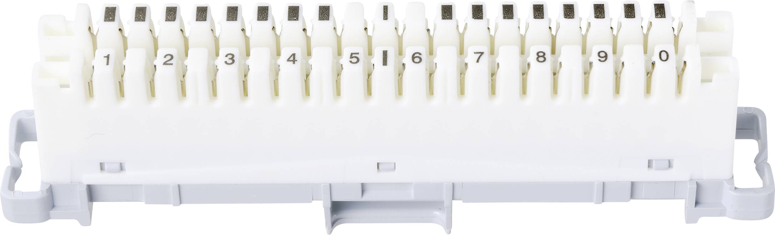 Weiße elektrisches Verteilerelement mit nummerierten Anschlüssen von 1 bis 0. Kunststoffbasis, Verwendung in Verkabelungssystemen.