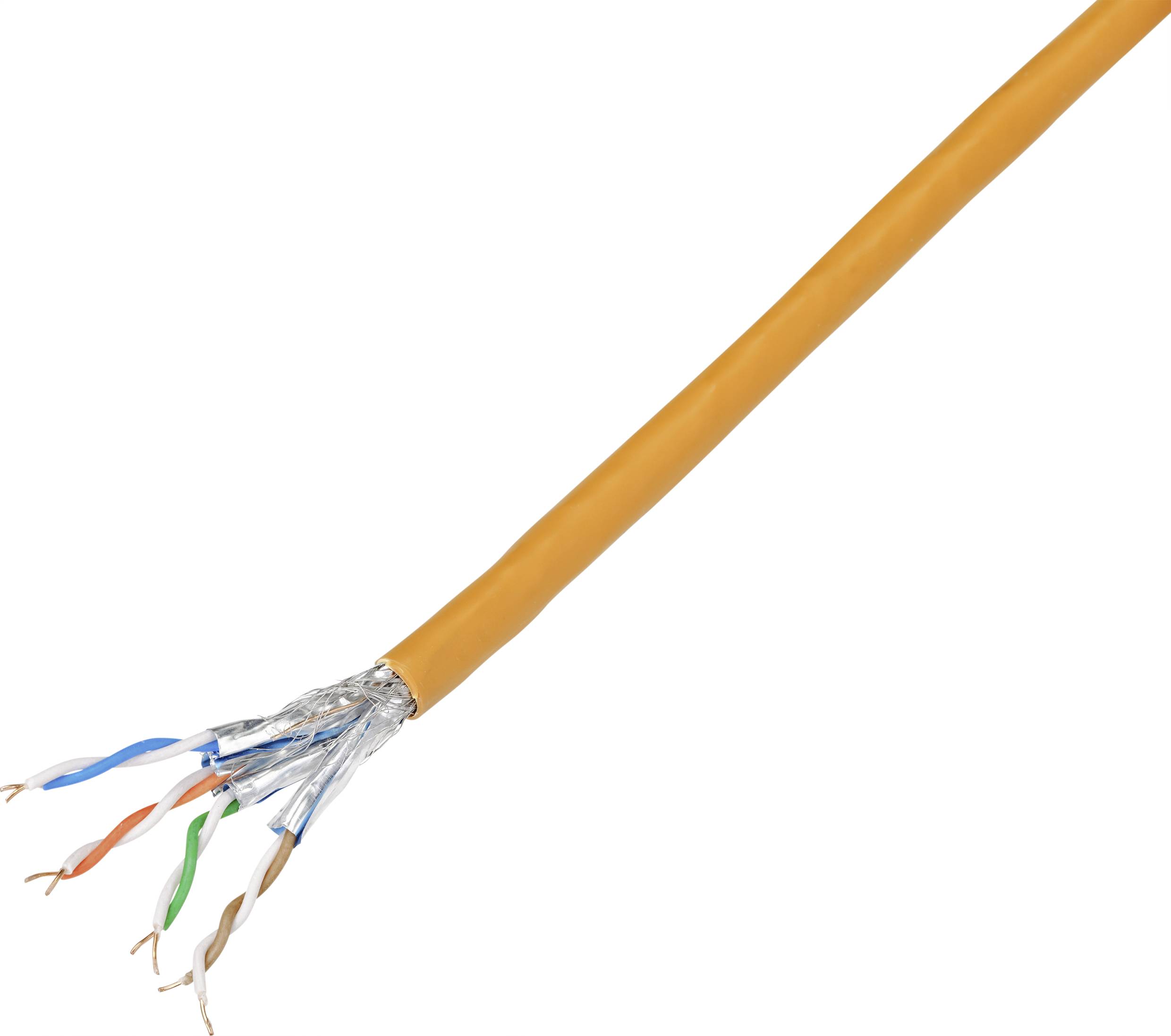 Ein orangefarbenes, mehradriges Kabel, dessen Isolierung teilweise entfernt wurde, um die farbigen Leitungspaare im Inneren zu zeigen.