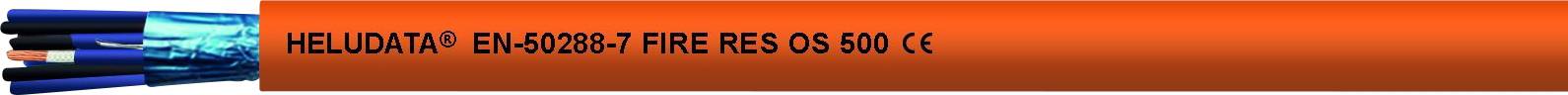Oranges Kabel mit schwarzer und blauer Innenverkabelung. Aufschrift: 'HELUDATA® EN50399 FIRE RES 05 600 C'.