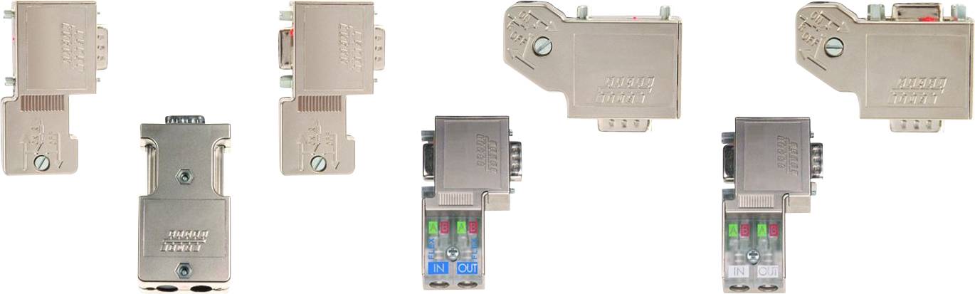 Mehrere modulare Steckverbinder unterschiedlicher Form und Größe, jeweils mit Metallgehäuse und frei zugänglichen Anschlüssen.