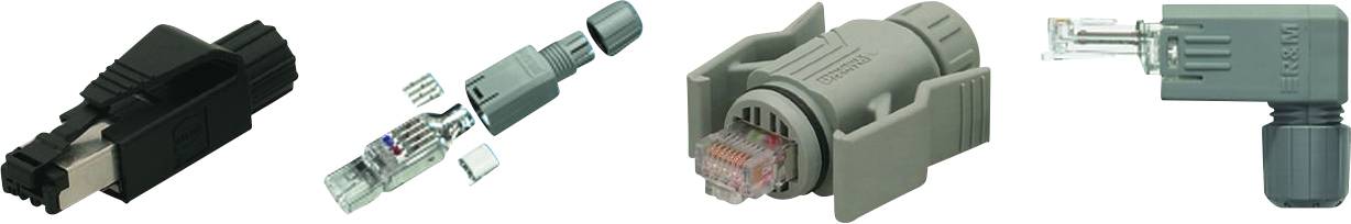 Vier verschiedene Netzwerkstecker: ein schwarzer Typ A, ein offener Typ B mit sichtbaren Drähten, ein grauer mit RJ45-Anschluss und ein gewinkelter Typ C.