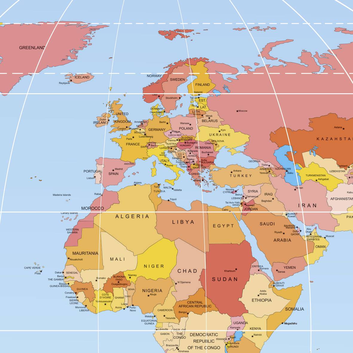 Politische Karte Europas und Teilen Afrikas und Asiens, zeigt Ländergrenzen und -namen, große Städte und Ozeane in unterschiedlichen Farben.