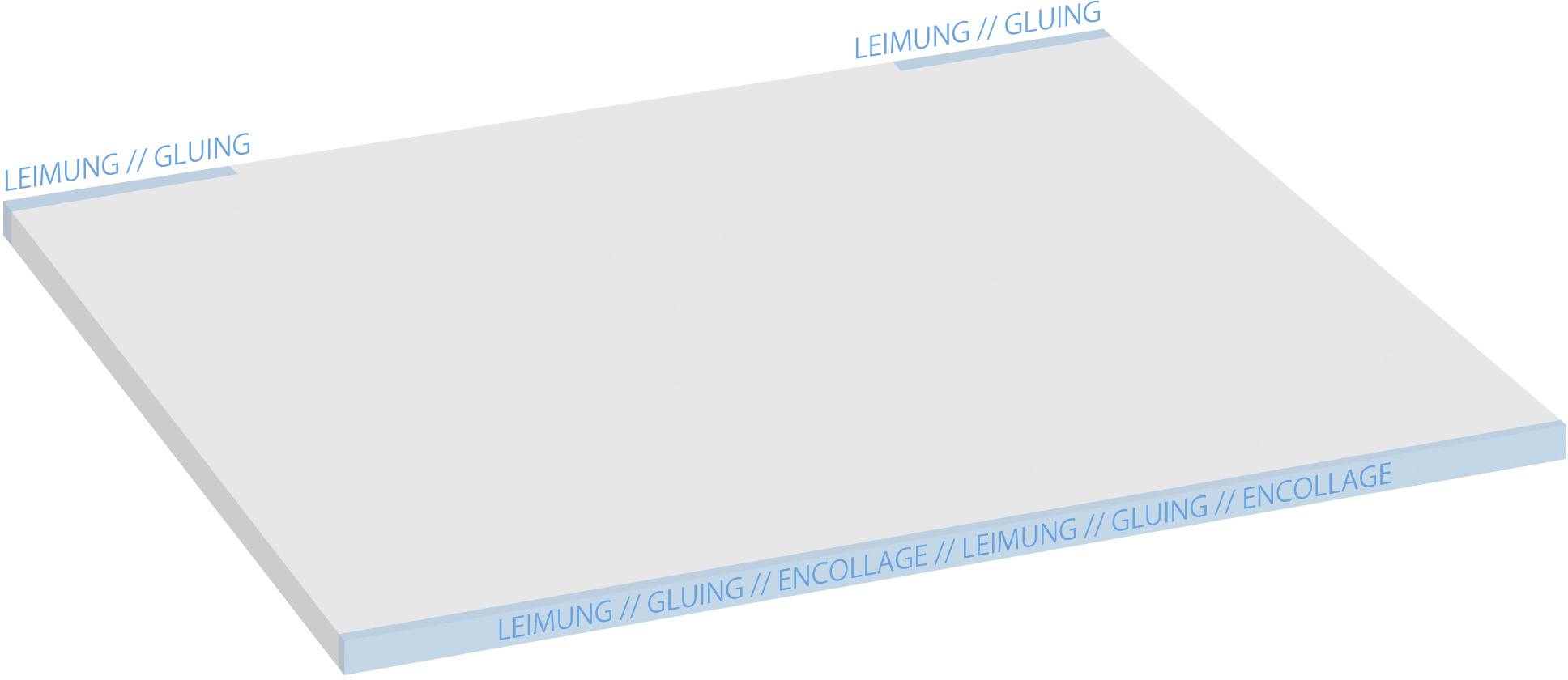 Weiße rechteckige Platte mit blauen Rändern, die als 'Leimung / Gluing / Encollage' beschriftet sind.