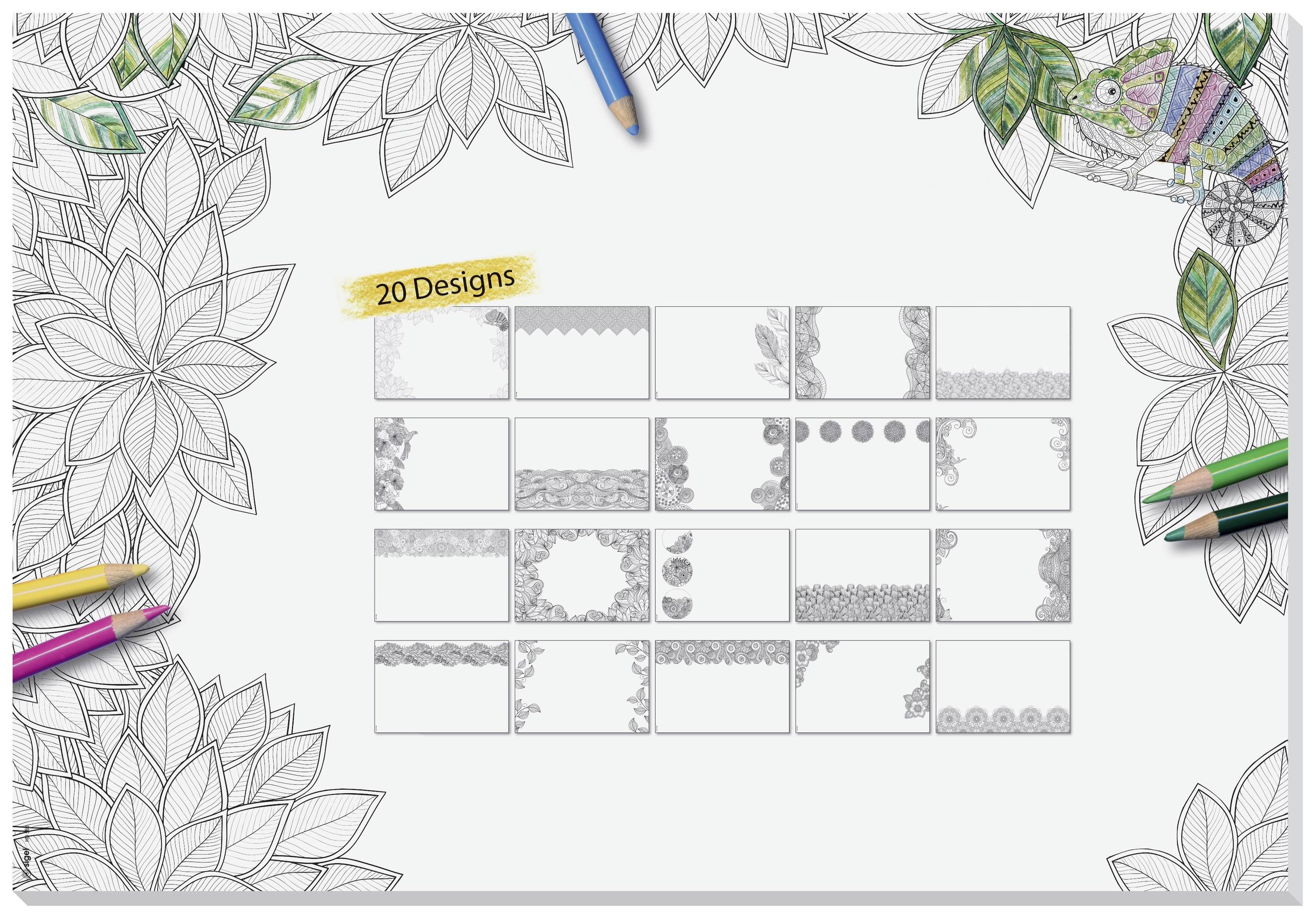 Zeichnung mit Blumenrändern und Buntstiften. Ein Chamaeleon sitzt oben rechts. Notiz mit '20 Designs'.