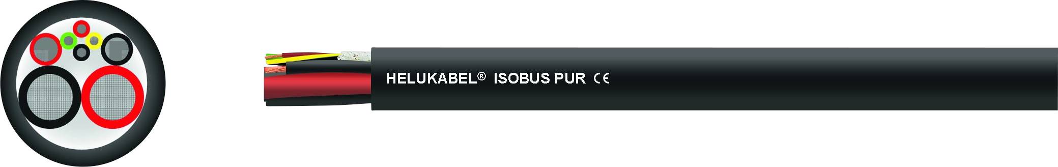 Kabelquerschnitt mit mehreren isolierten Leitern. Auf dem Kabel steht 'Helukabel IsoBus Pur CE'.