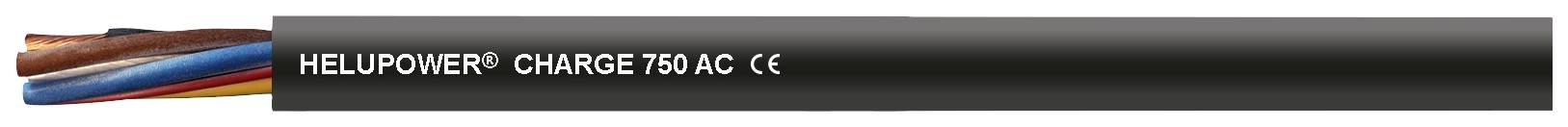Schwarzes Kabel mit mehreren farbigen Adern, Aufschrift 'HELUKABEL CHARGE 750 AC CE'.