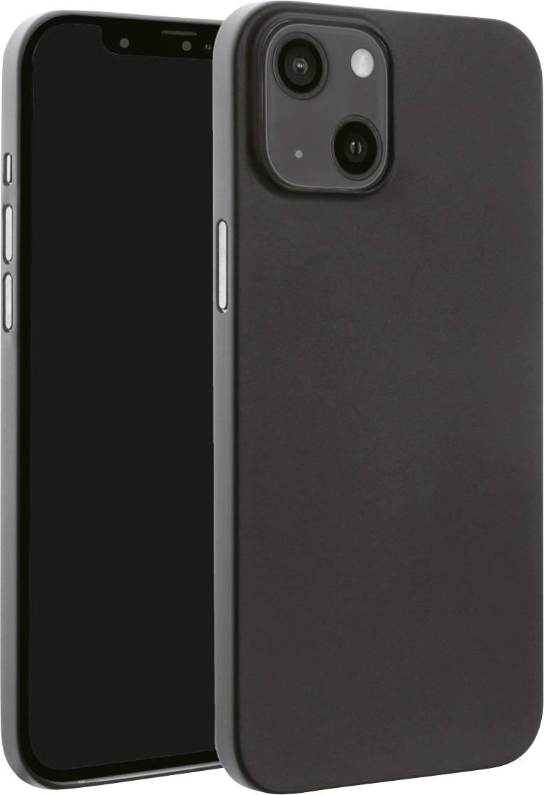 Zwei Smartphones, eines zeigt die Vorderseite mit Display, das andere die Rückseite mit Kamera. Schwarz, schlichtes Design.