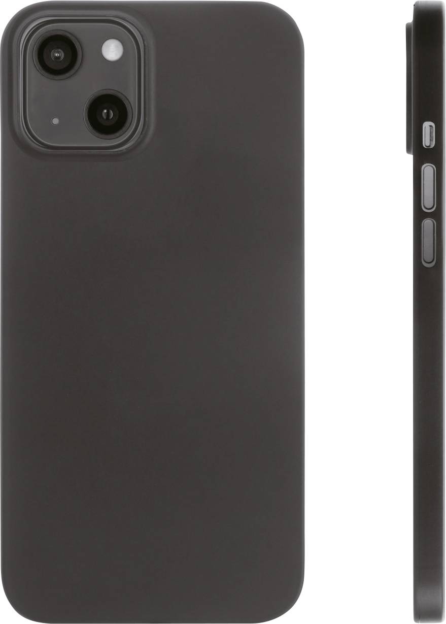 Schwarzes Smartphone von hinten und seitlich, Kamera oben links sichtbar, glatte Oberfläche, seitliche Knöpfe rechts erkennbar.