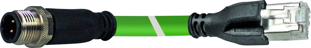 Zwei verbundene Kabel: links ein runder M12-Stecker und rechts ein RJ45-Stecker, verbunden durch ein grünes Kabel.