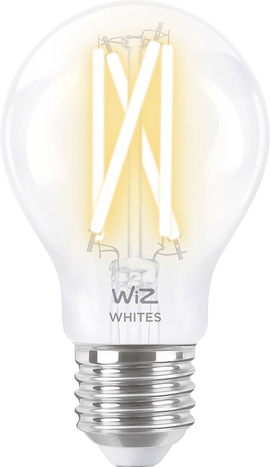 Eine weiße LED-Glühbirne mit warm leuchtendem Filament und der Aufschrift 'WiZ Whites'.