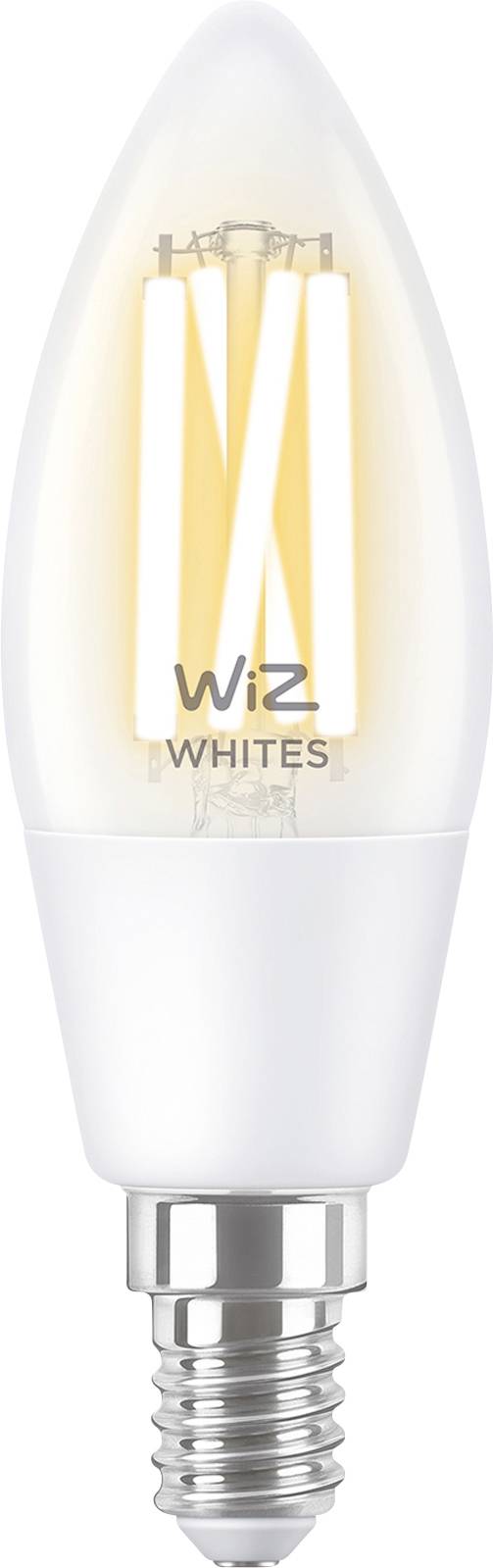 Eine WLAN-fähige LED-Glühbirne von Wiz in Kerzenform mit deutlichen Leuchtfäden, geeignet für weiße Beleuchtung.