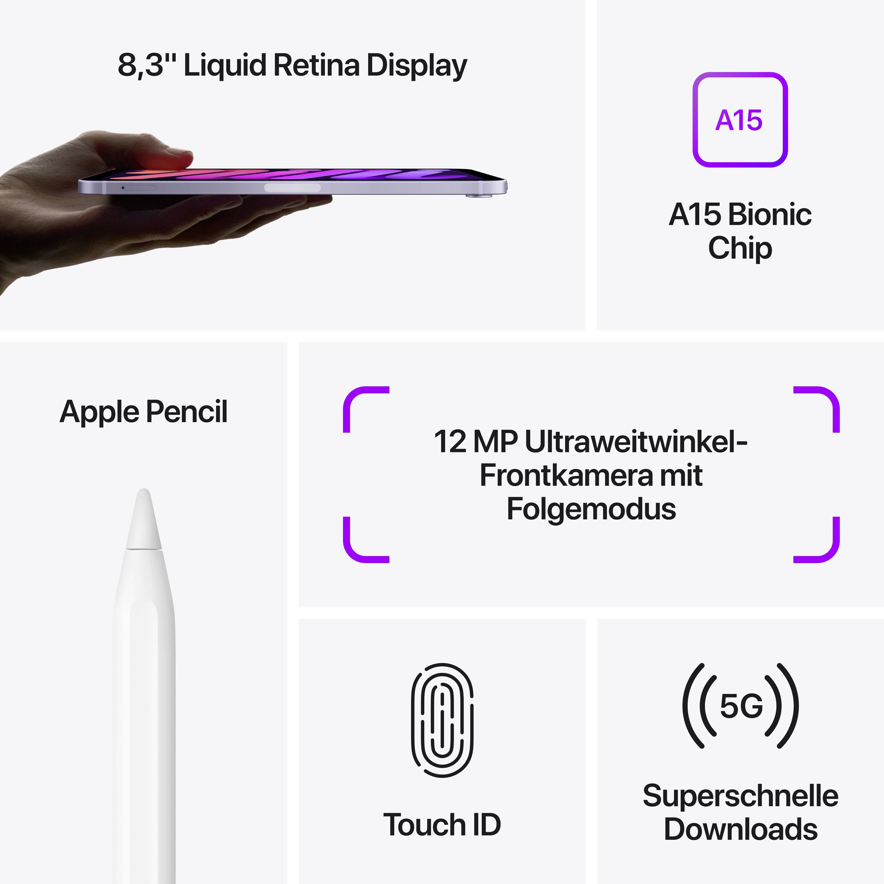 Apple iPad mini 8.3 (6. Generation, 2021) UMTS/3G, LTE/4G, 5G, WiFi 64 GB Polarstern 21.1 cm (8.3 Zoll) iPadOS 15 2266 x 1488 Pixel