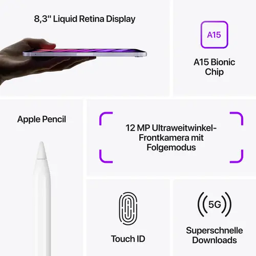 Apple iPad mini 8.3 (6. Generation, 2021) UMTS/3G, LTE/4G, 5G, WiFi 64 GB Violett 21.1 cm (8.3 Zoll) iPadOS 15 2266 x 1488 Pixel Apple iPad mini 8.3 (6. Generation, 2021) UMTS/3G, LTE/4G, 5G, WiFi 64 GB Violett 21.1 cm (8.3 Zoll) iPadOS 15 2266 x 1488 Pixel